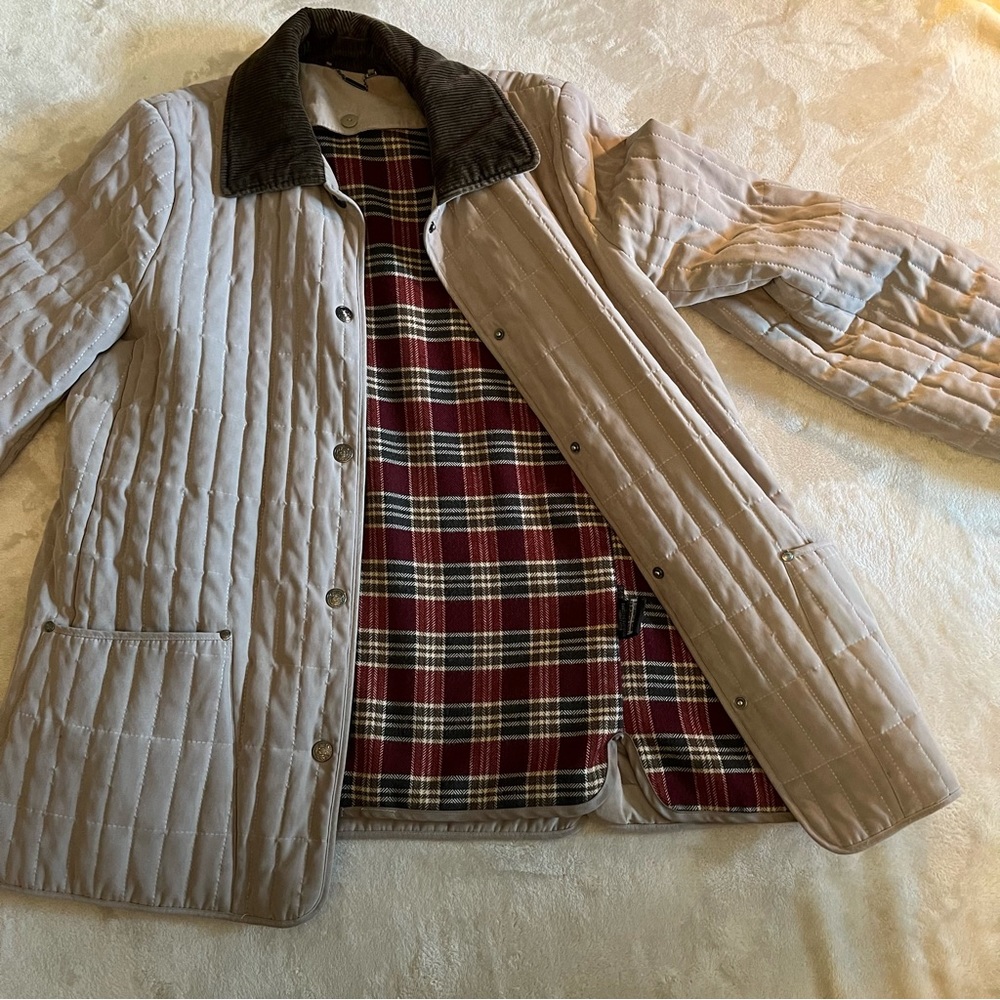 Beige Quilted Button Up Coat with Plaid liner - Picture 8 of 11